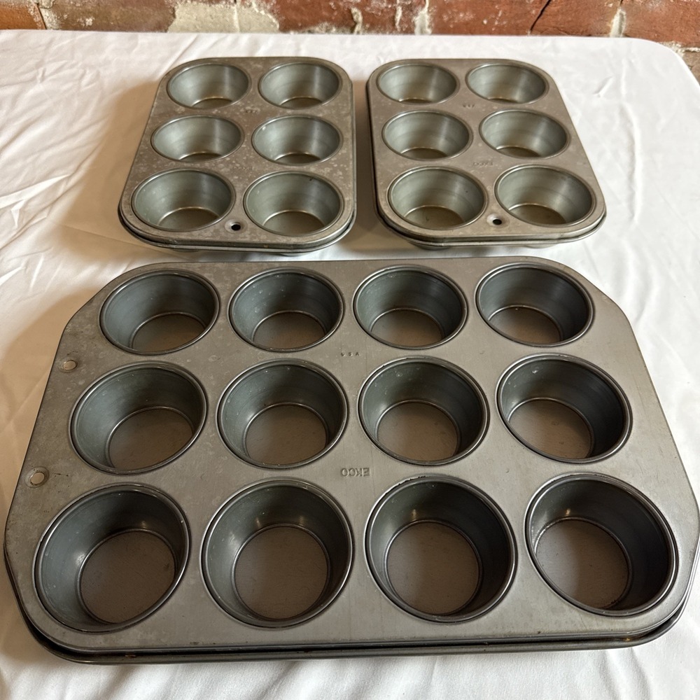 3 Muffin Cupcake Tin Pan 6 & 12 Hole ECKO Bake USA Made Used VNT Sears